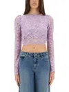 Rabanne Lavender Lace-effect Top With Boat Neckline In Purple