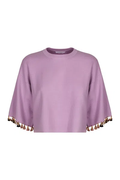Rabanne Cropped Sequin Embellished Crew-neck Sweater In Purple