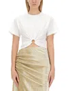 Rabanne White Crewneck Top With Short Sleeves And Ruched Cut-out On The Front In Cotton Woman In White
