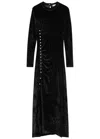 Rabanne Embellished Ruched Velvet Midi Dress In Black