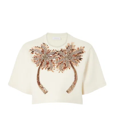 Rabanne Cropped Crystal-embellished Embroidered Jersey T-shirt In Neutral