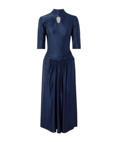 Rabanne Crystal-embellished Gathered Satin-jersey Midi Dress In Blue