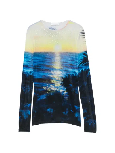 Rabanne Crystal Embellished Tropical Print Jersey Top In Multi