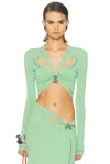 Rabanne Cropped Embellished Gathered Jersey Top In Green