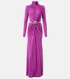 Rabanne Long Crystal Brooch Cutout Ruched Dress In Purple