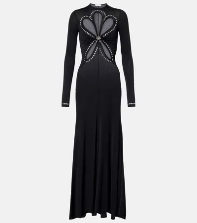 Rabanne Cutout Embellished Jersey Maxi Dress In Brown
