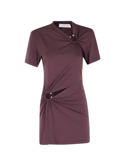 Rabanne Embellished Gathered Cut-out Cotton-blend Jersey Mini Dress In Purple