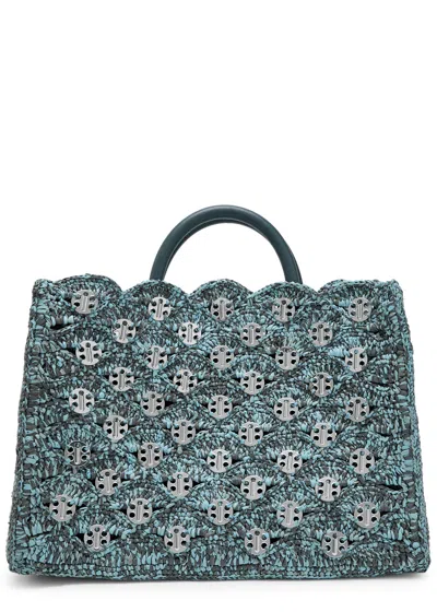 Rabanne Disc-embellished Raffia Tote In Blue