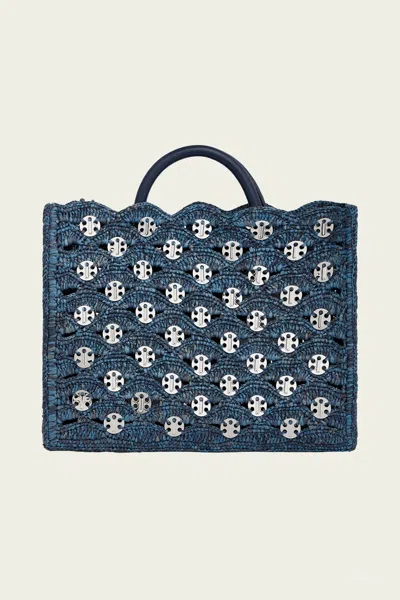 Rabanne Disc-link Raffia Tote Bag In Denim Blue
