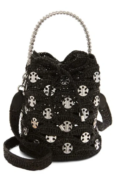 Rabanne Disc Raffia Bucket Bag In Black/silver