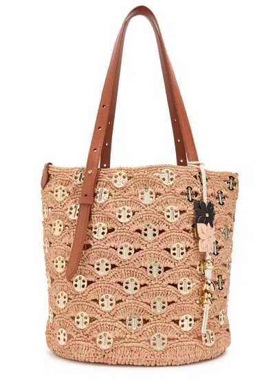 Rabanne Disc-embellished Raffia Bucket Tote Bag In Orange
