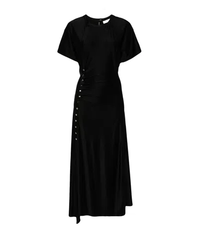 RABANNE PACO RABANNE DRAPÉ PRESSION ASYMMETRIC HEM MIDI DRESS