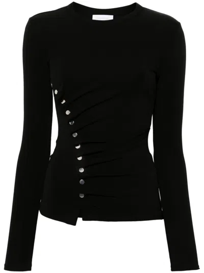 Rabanne Ruched Velvet Side Button Mock Neck Top In Black