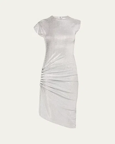 RABANNE DRAPED ASYMMETRIC SIDE SNAP MIDI DRESS