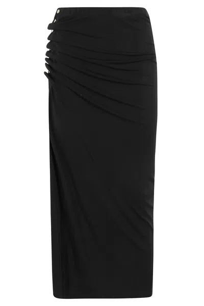 RABANNE DRAPED BLACK MIDI SKIRT WITH SIDE BUTTONS AND SLIT