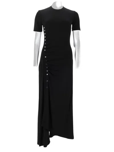 Rabanne Draped Jersey Maxi Dress With Asymmetrical Hem And Button Detail In Black