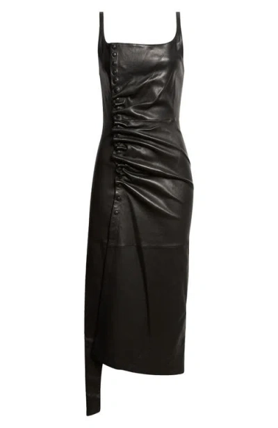 Rabanne Draped Lambskin Leather Midi Dress In Black