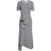 Rabanne Gathered Embellished Striped Wool-blend Midi Dress In Gray