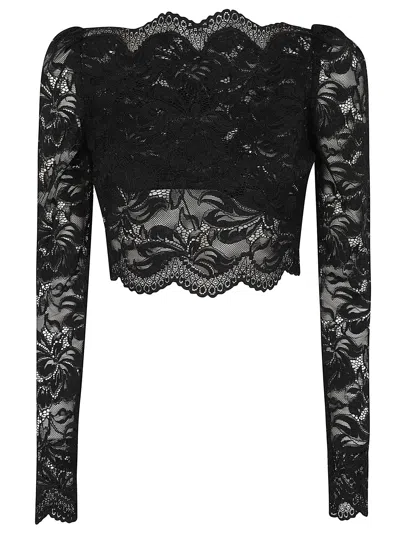 Rabanne Black Stretch Floral Lace Long-sleeved Cropped Top