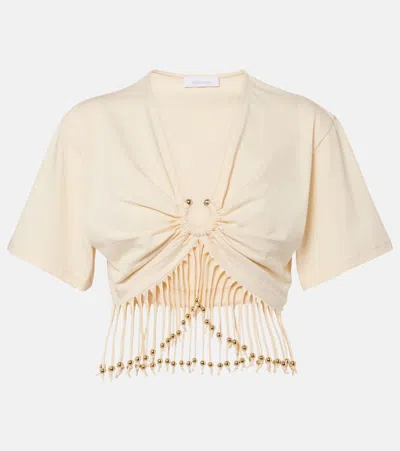 Rabanne Cropped Fringed Embellished Cotton-jersey T-shirt In Neutral