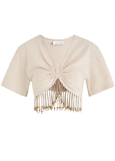 Rabanne Cropped Fringed Embellished Cotton-jersey T-shirt In Neutrals
