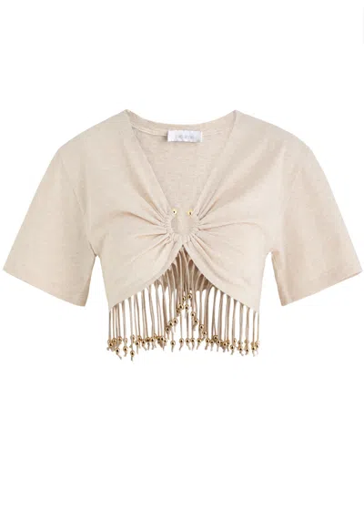 Rabanne Cropped Fringed Embellished Cotton-jersey T-shirt In Ecru