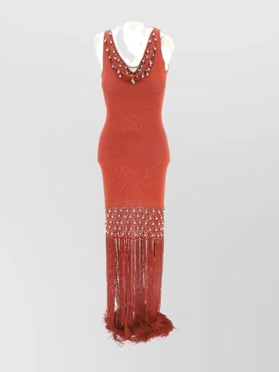 Rabanne Embellished Fringe Scoop Sheer Sleeveless Dress In Cherry