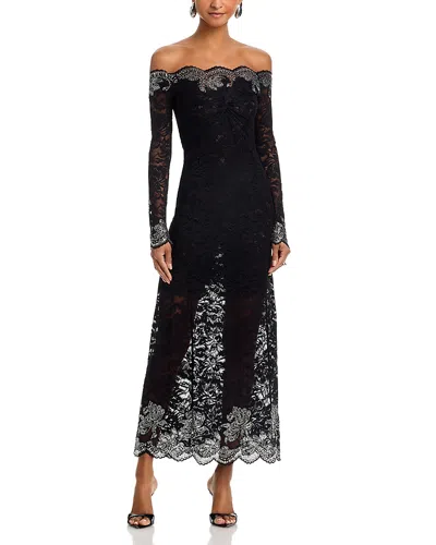 Rabanne Twist Front Off The Shoulder Long Sleeve Lace Midi Dress In Black