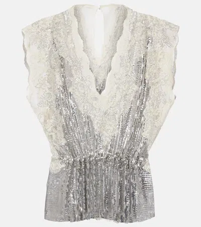 Rabanne Embellished Lace-trimmed Top In Silver