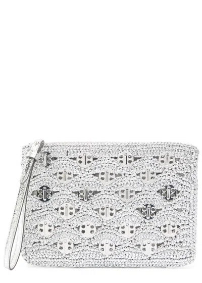 Rabanne Embellished Lurex Raffia Pouch In Silver