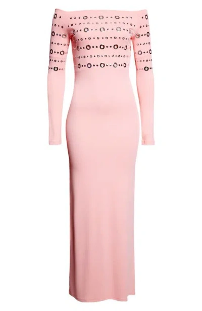Rabanne Embellished Off The Shoulder Long Sleeve Jersey Dress In Pink