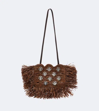 Rabanne Embellished Raffia Shoulder Bag In Brown
