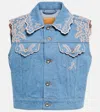 Rabanne Cropped Broderie Anglaise-trimmed Denim Vest In Denim Stone