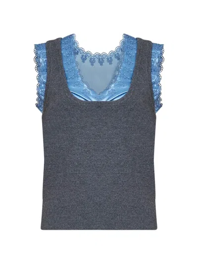 Rabanne Grey Wool And Cashmere Knit Tank Top With Satin Insert In Animal Print