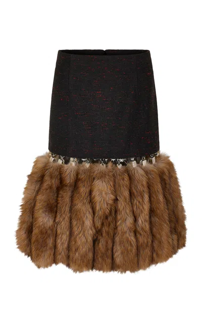 Rabanne Faux-fur-trimmed Midi Skirt In Grey