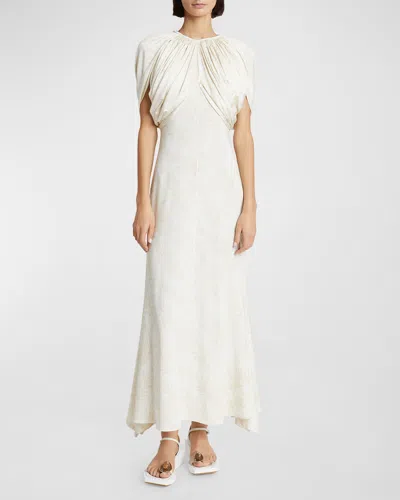 Rabanne Feather-print Gathered Empire-waist Cap-sleeve Maxi Dress In Plumes