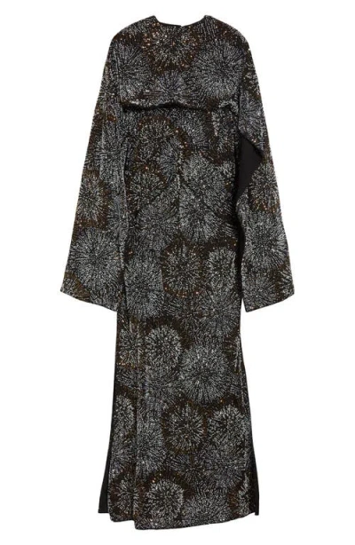 Rabanne Firework Embellished Long Sleeve Crepe Gown With Detachable Cape In Black