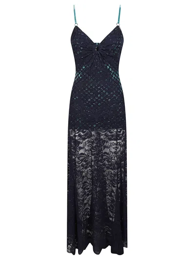 Rabanne Fitted Lace Midi Dress With Sweetheart Neckline In Blue