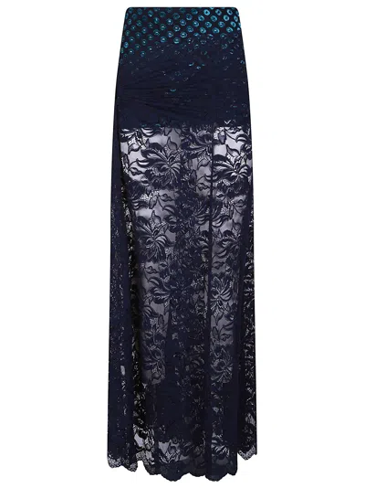 Rabanne Sheer Floral Lace Maxi Skirt With Draped Detail And Contrasting Waistband In Blue