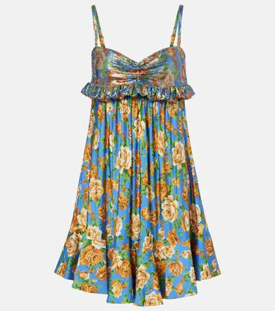 Rabanne Embellished Ruffled Floral-print Jersey Mini Dress In Multi