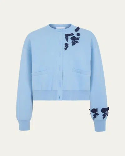 Rabanne Floral Embroidered Crewneck Cardigan In Blue