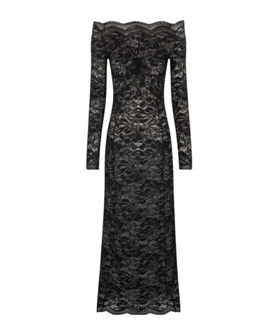 Rabanne Floral-lace Bardot-collar Dress In Black