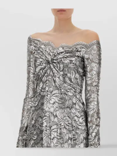 Rabanne Floral Lace Off-shoulder Dress With Long Sleeves In Gray