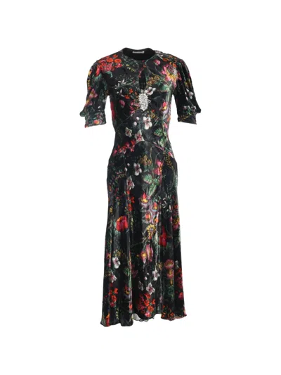 Pre-owned Rabanne Floral-print Brooch Maxi Dress In Black