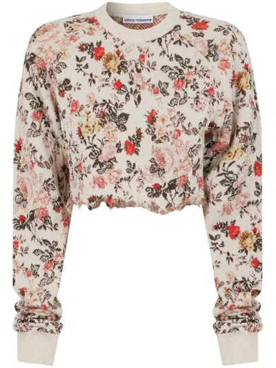 Rabanne Floral-print Cropped Sweatshirt In Neutrals