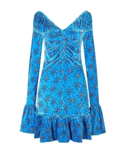 Rabanne Floral-print Flared Velvet Minidress In Blue