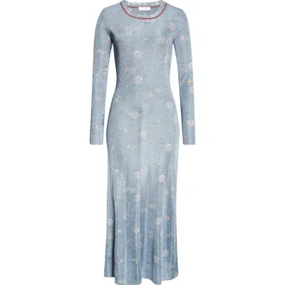 Rabanne Floral Print Long Sleeve Metallic Knit Dress In Light Blue