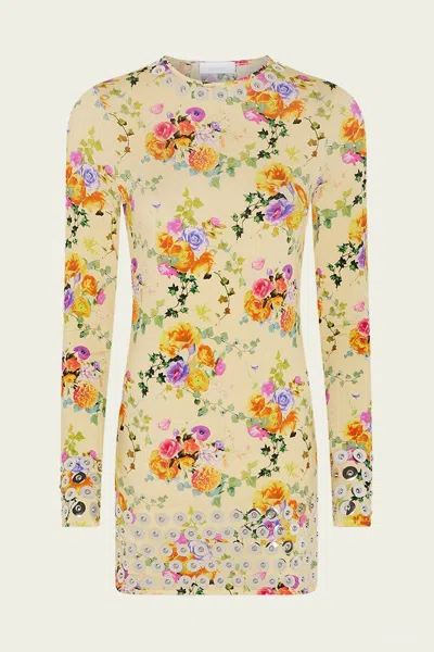 Rabanne Floral-print Long-sleeve Top In Beige Multi In Yellow