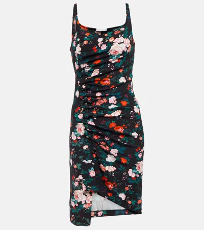 Rabanne Floral Ruched Jersey Minidress In Black Rose Garden