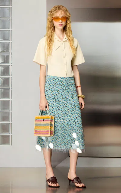 Rabanne Floral Silk Midi Skirt In Blue